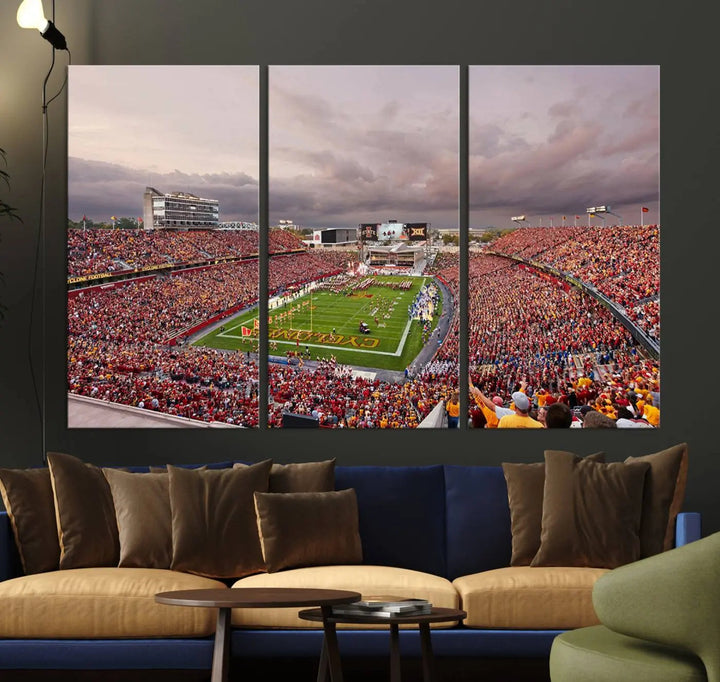 The living room features the "Iowa State University Cyclones Football Team Print - Ames Jack Trice Stadium Wall Art Canvas Print" on the wall, showcasing a packed football stadium in a gallery-quality finish.