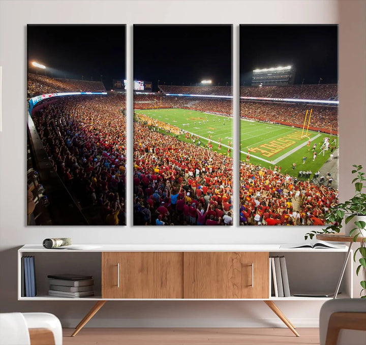 The Iowa State University Cyclones Football Team Print showcases a bustling Jack Trice Stadium in Ames, with the vibrant crowd in red attire enhancing its gallery-quality finish.