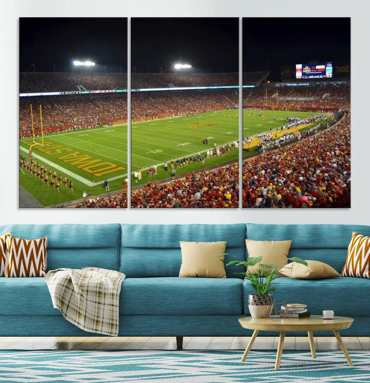 Iowa State University Cyclones Football Team Print of Ames Jack Trice Stadium during a game, crafted on museum-quality canvas with gallery-wrapped edges, brings dynamic energy to your space.