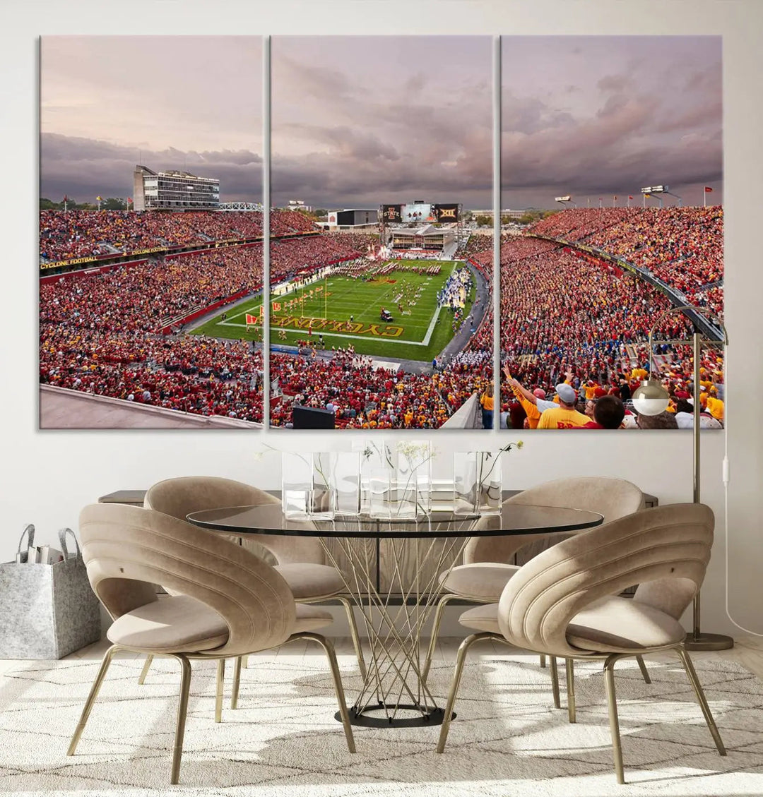 The living room features the "Iowa State University Cyclones Football Team Print - Ames Jack Trice Stadium Wall Art Canvas Print" on the wall, showcasing a packed football stadium in a gallery-quality finish.