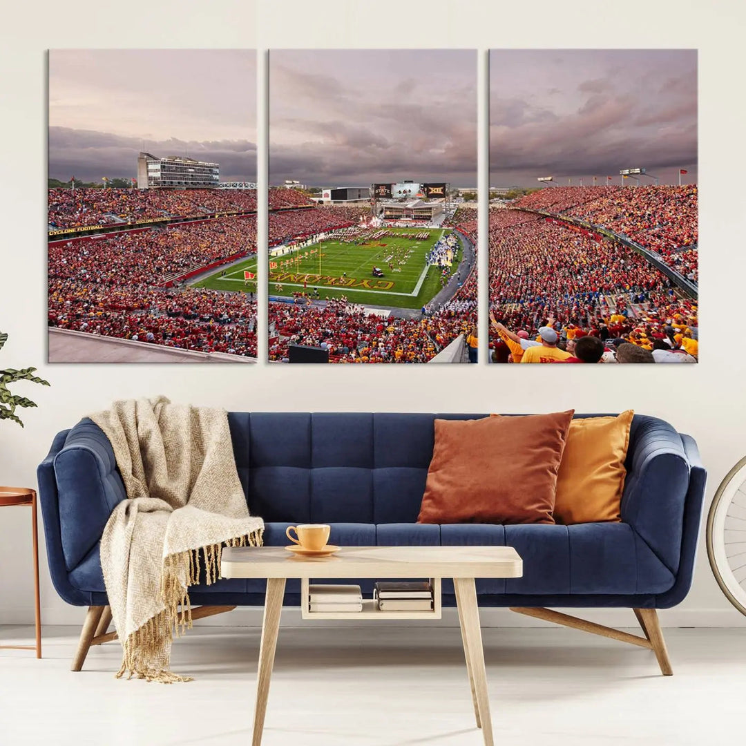 The living room features the "Iowa State University Cyclones Football Team Print - Ames Jack Trice Stadium Wall Art Canvas Print" on the wall, showcasing a packed football stadium in a gallery-quality finish.