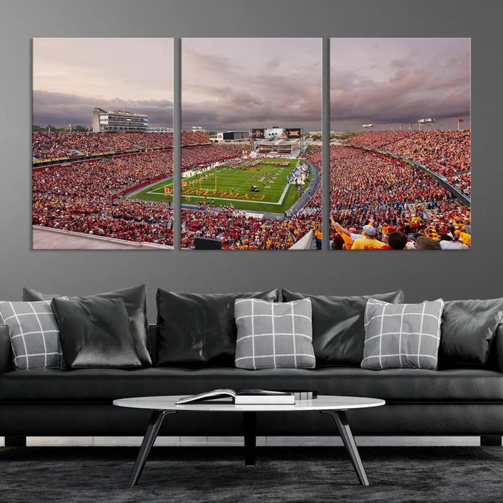 The living room features the "Iowa State University Cyclones Football Team Print - Ames Jack Trice Stadium Wall Art Canvas Print" on the wall, showcasing a packed football stadium in a gallery-quality finish.