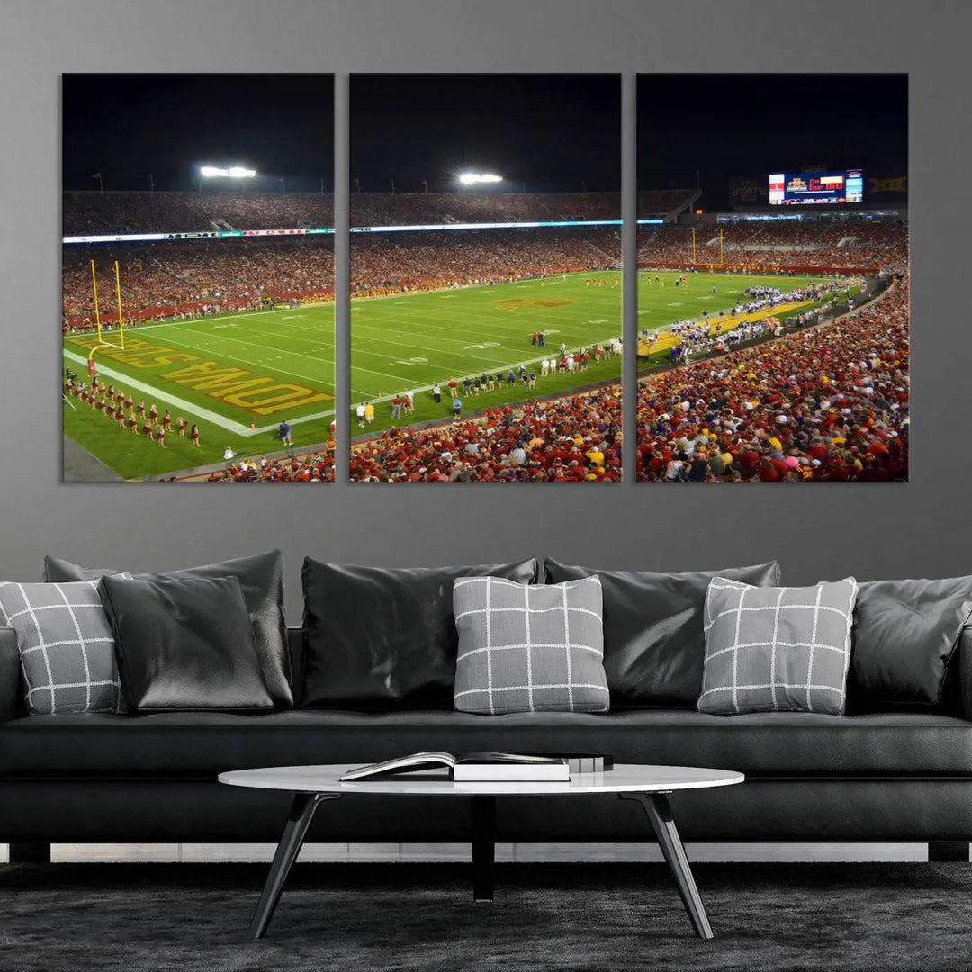 Iowa State University Cyclones Football Team Print of Ames Jack Trice Stadium during a game, crafted on museum-quality canvas with gallery-wrapped edges, brings dynamic energy to your space.