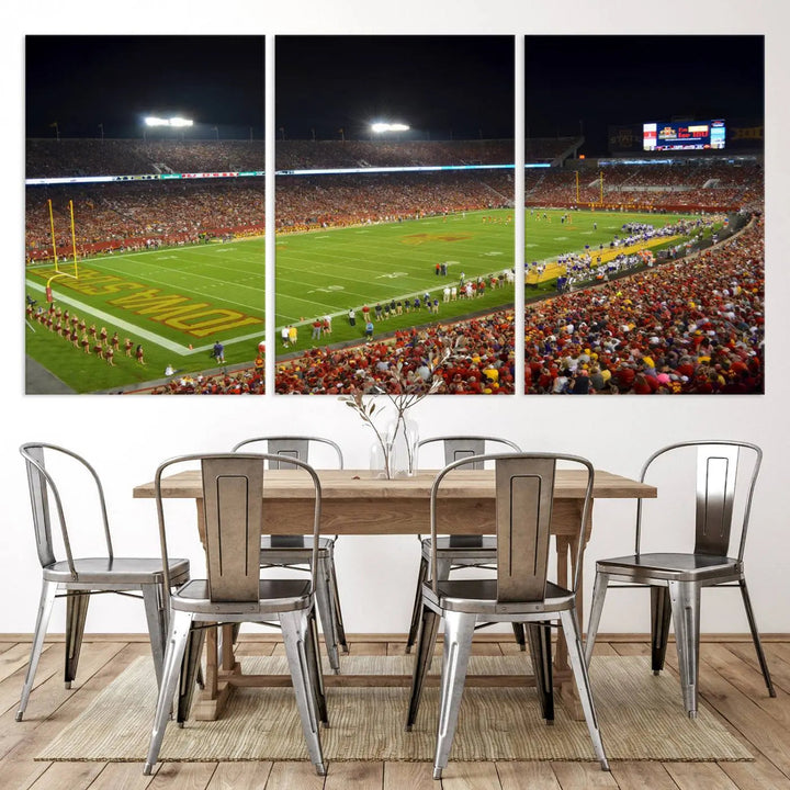 Iowa State University Cyclones Football Team Print of Ames Jack Trice Stadium during a game, crafted on museum-quality canvas with gallery-wrapped edges, brings dynamic energy to your space.