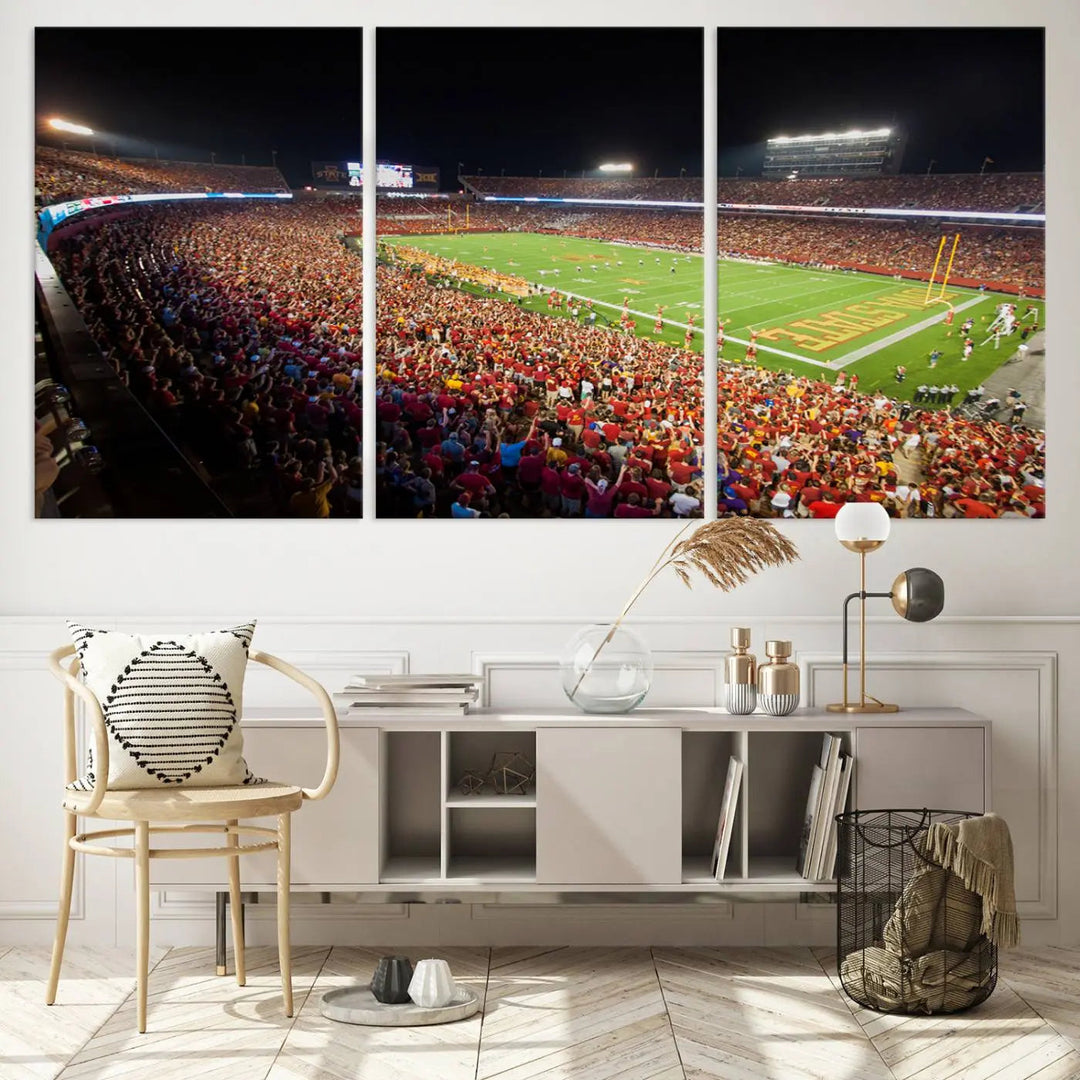 The Iowa State University Cyclones Football Team Print showcases a bustling Jack Trice Stadium in Ames, with the vibrant crowd in red attire enhancing its gallery-quality finish.