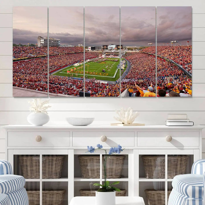 The living room features the "Iowa State University Cyclones Football Team Print - Ames Jack Trice Stadium Wall Art Canvas Print" on the wall, showcasing a packed football stadium in a gallery-quality finish.