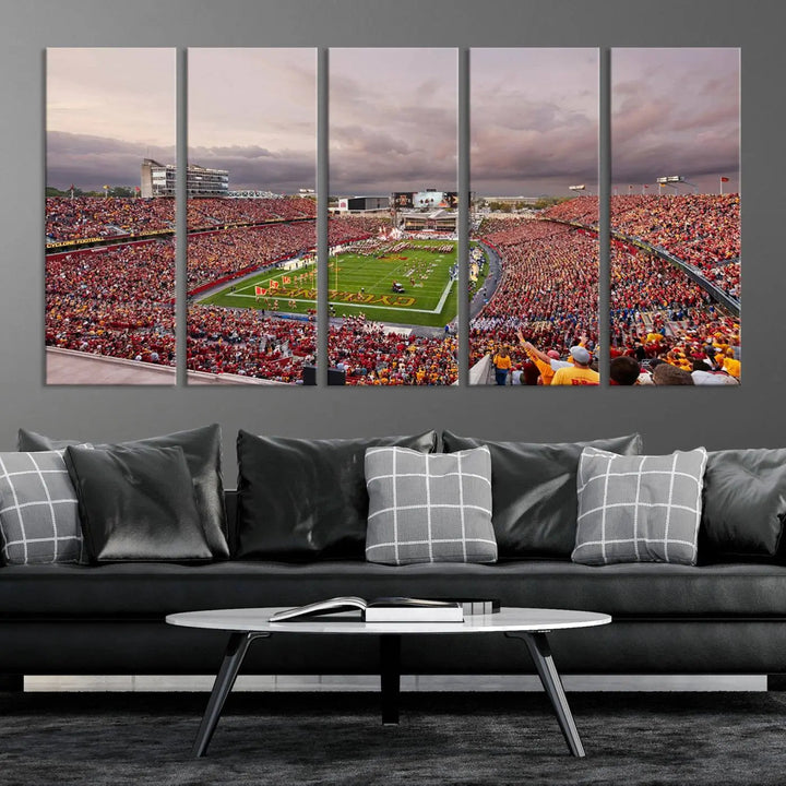 The living room features the "Iowa State University Cyclones Football Team Print - Ames Jack Trice Stadium Wall Art Canvas Print" on the wall, showcasing a packed football stadium in a gallery-quality finish.