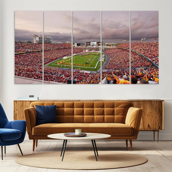 The living room features the "Iowa State University Cyclones Football Team Print - Ames Jack Trice Stadium Wall Art Canvas Print" on the wall, showcasing a packed football stadium in a gallery-quality finish.