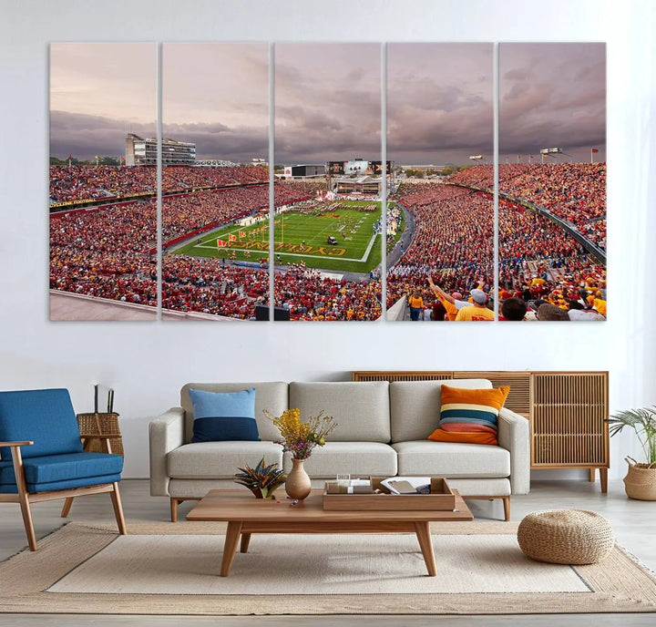 The living room features the "Iowa State University Cyclones Football Team Print - Ames Jack Trice Stadium Wall Art Canvas Print" on the wall, showcasing a packed football stadium in a gallery-quality finish.