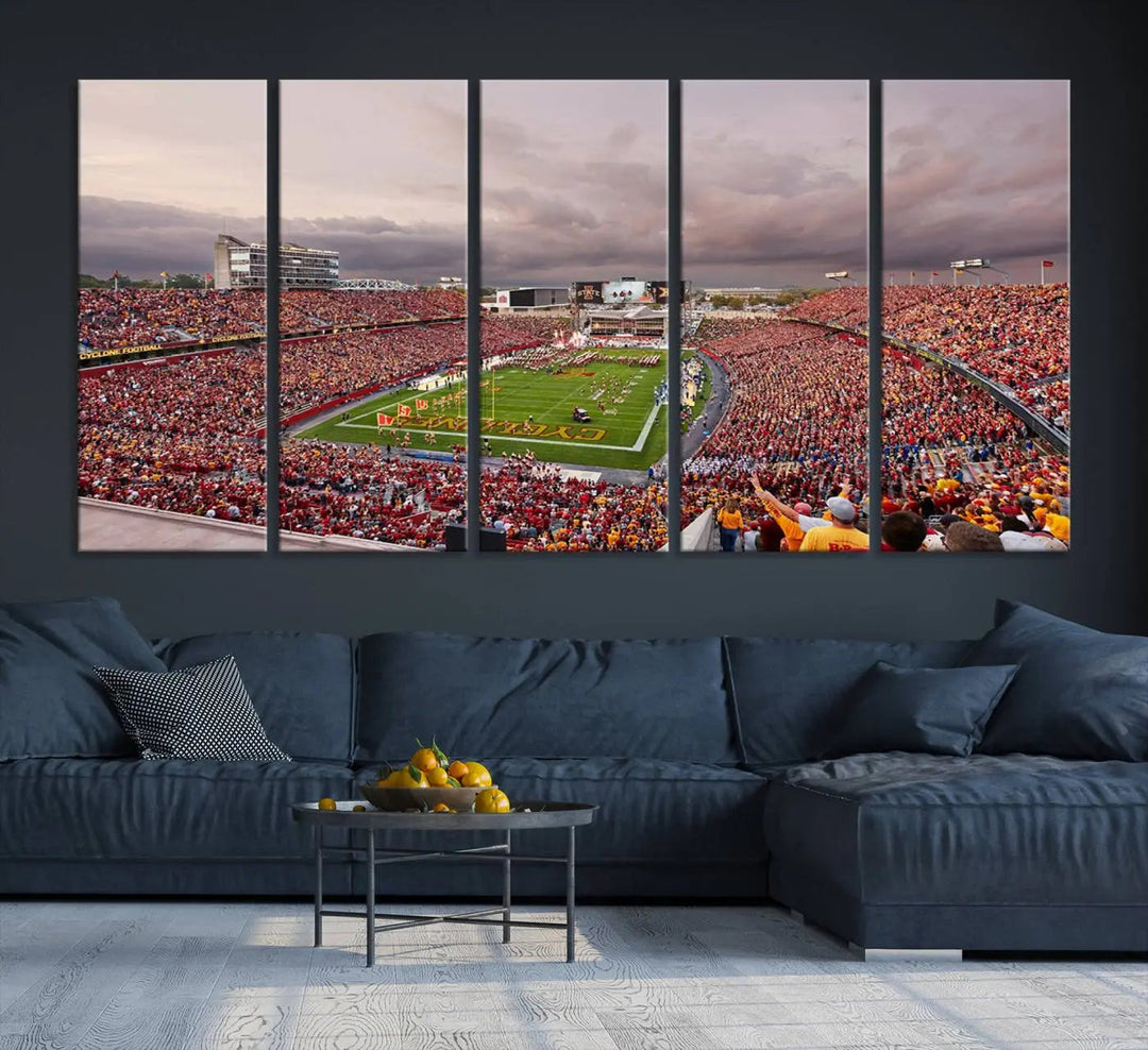 The living room features the "Iowa State University Cyclones Football Team Print - Ames Jack Trice Stadium Wall Art Canvas Print" on the wall, showcasing a packed football stadium in a gallery-quality finish.