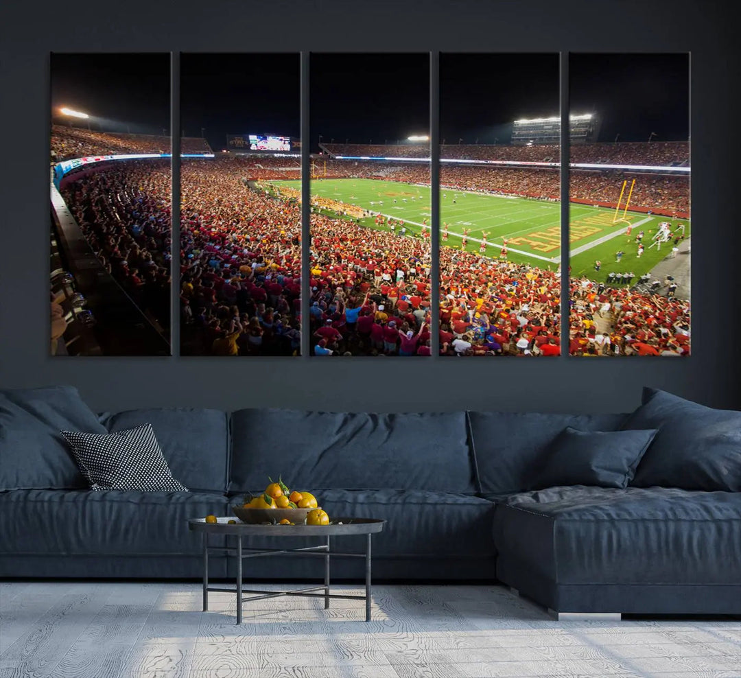 The Iowa State University Cyclones Football Team Print showcases a bustling Jack Trice Stadium in Ames, with the vibrant crowd in red attire enhancing its gallery-quality finish.