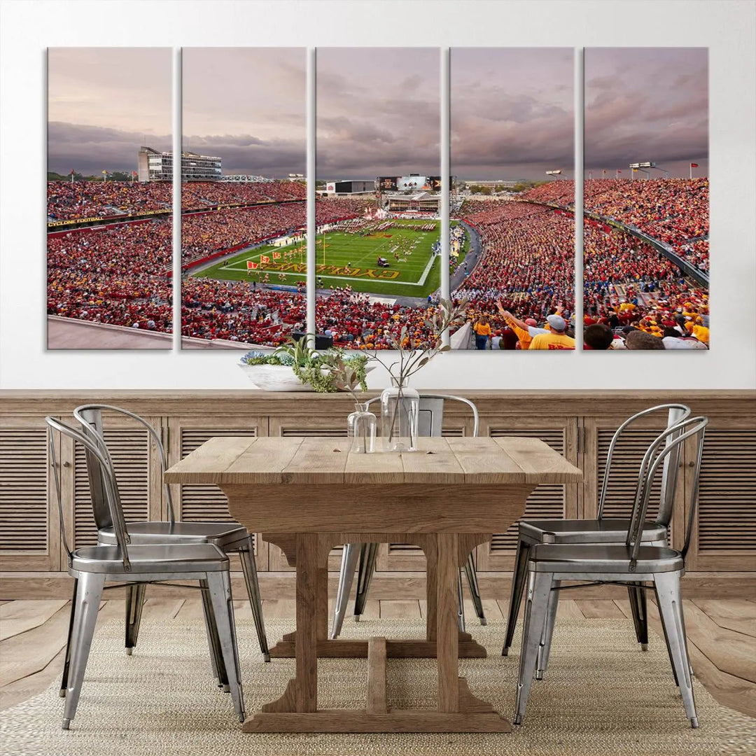 The living room features the "Iowa State University Cyclones Football Team Print - Ames Jack Trice Stadium Wall Art Canvas Print" on the wall, showcasing a packed football stadium in a gallery-quality finish.