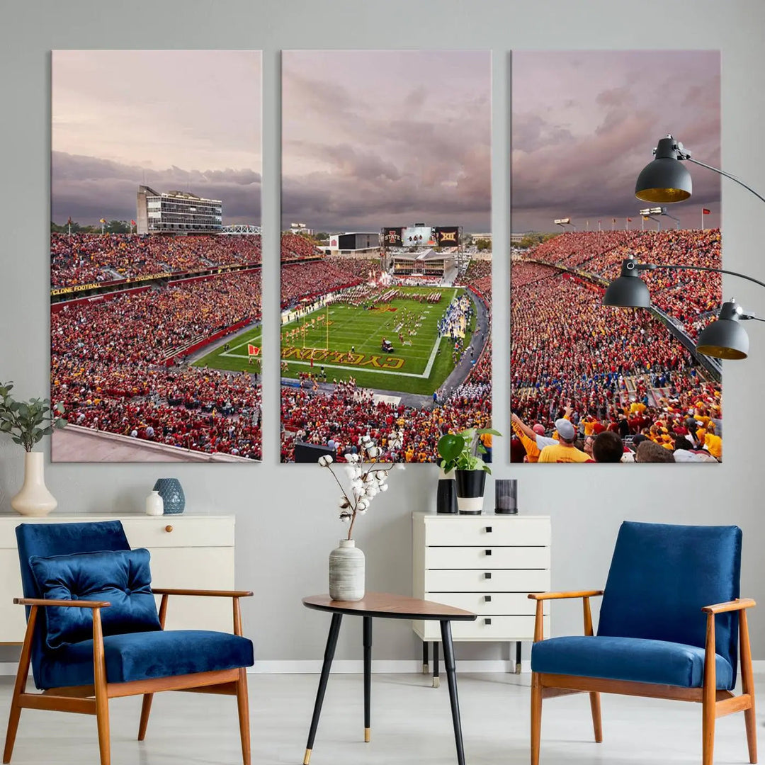 The living room features the "Iowa State University Cyclones Football Team Print - Ames Jack Trice Stadium Wall Art Canvas Print" on the wall, showcasing a packed football stadium in a gallery-quality finish.