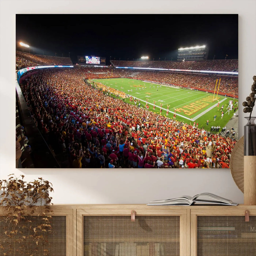 The Iowa State University Cyclones Football Team Print showcases a bustling Jack Trice Stadium in Ames, with the vibrant crowd in red attire enhancing its gallery-quality finish.