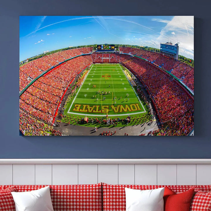 The Iowa State University Cyclones Football Team Print - Ames Jack Trice Stadium Wall Art Canvas Print features a panoramic view of a packed football stadium with vibrant red-clad fans. Handmade in the USA, this piece ensures exceptional quality and craftsmanship for your space.