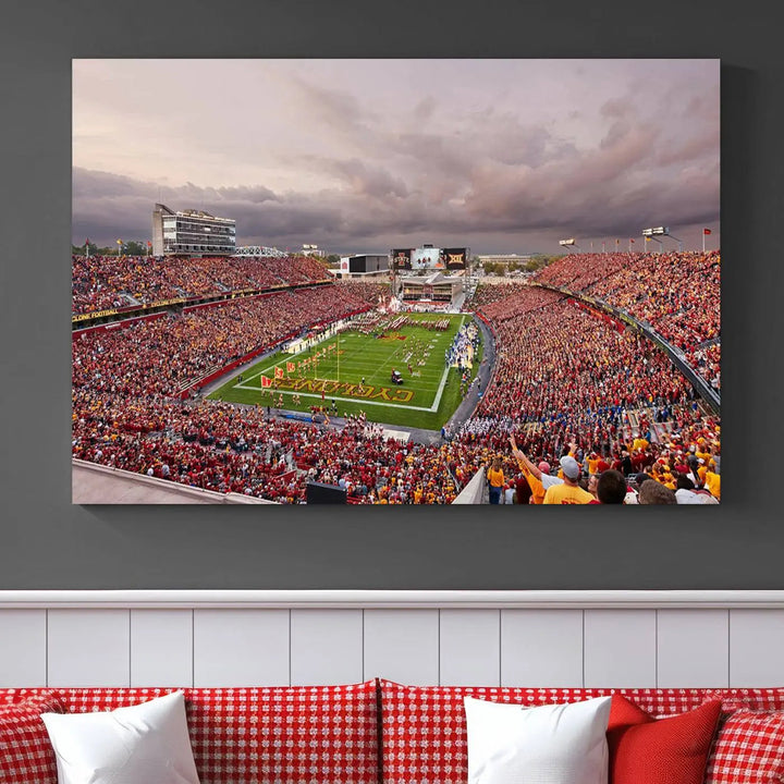 The living room features the "Iowa State University Cyclones Football Team Print - Ames Jack Trice Stadium Wall Art Canvas Print" on the wall, showcasing a packed football stadium in a gallery-quality finish.