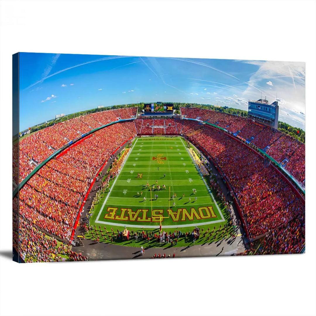 The Iowa State University Cyclones Football Team Print - Ames Jack Trice Stadium Wall Art Canvas Print features a panoramic view of a packed football stadium with vibrant red-clad fans. Handmade in the USA, this piece ensures exceptional quality and craftsmanship for your space.