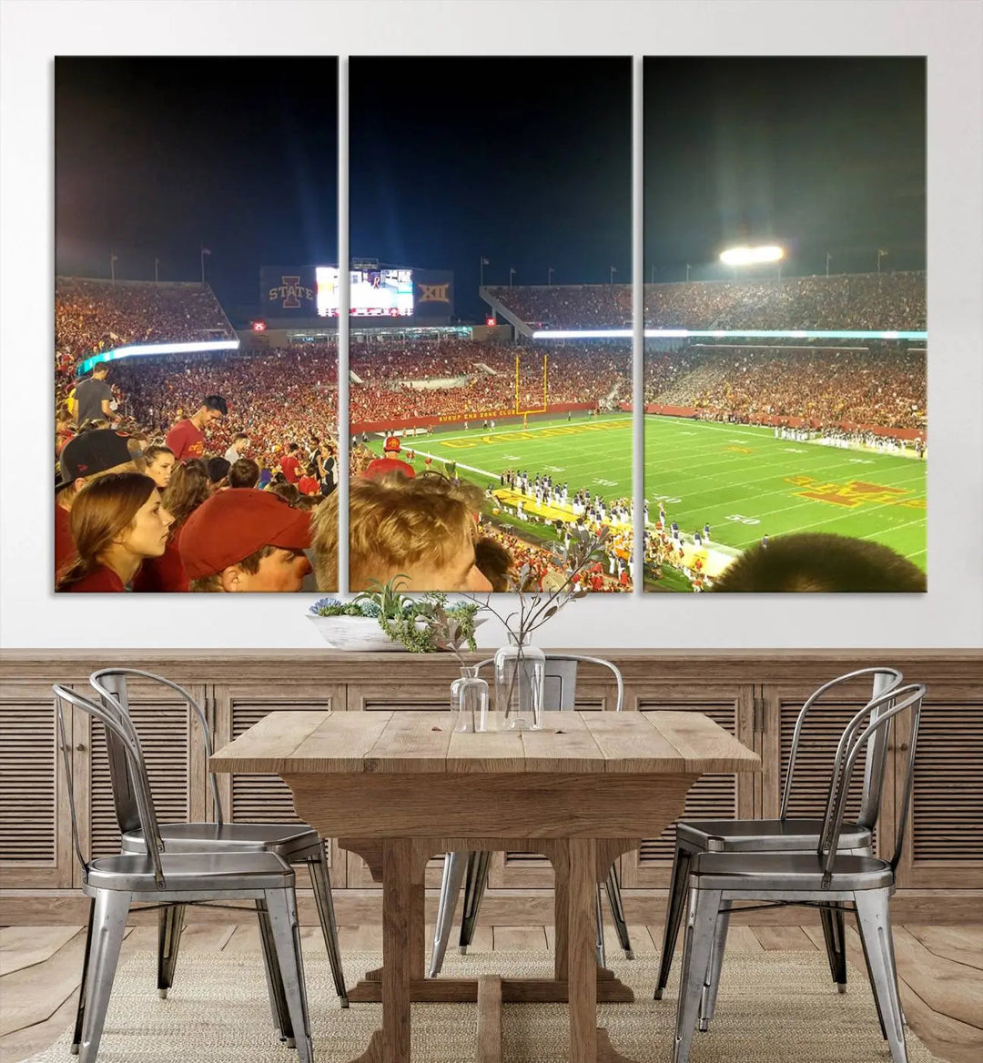 The Iowa State University Cyclones Football Team Print, featuring Jack Trice Stadium in Ames, is elegantly showcased in a sturdy wood frame that adds warmth to its display.