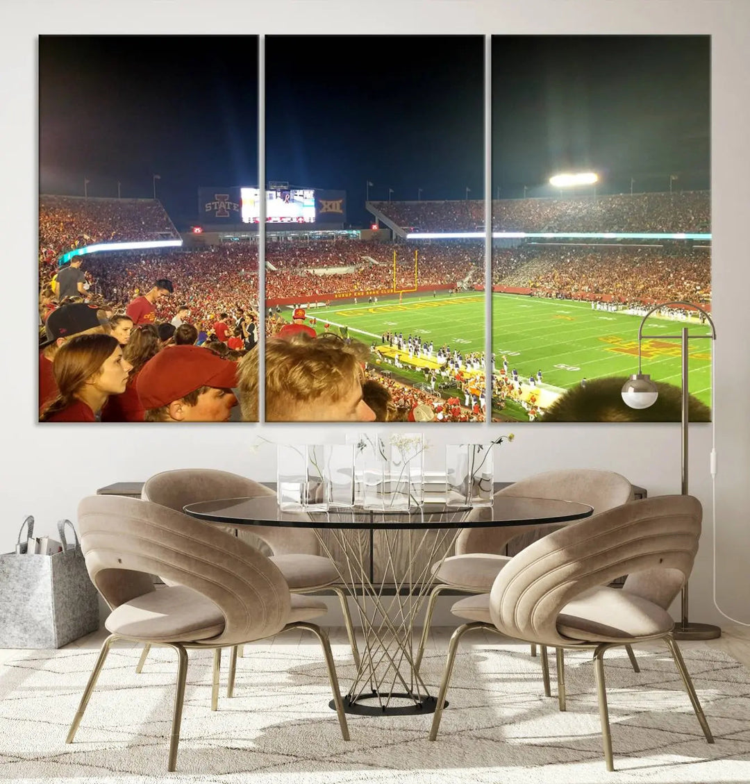 The Iowa State University Cyclones Football Team Print, featuring Jack Trice Stadium in Ames, is elegantly showcased in a sturdy wood frame that adds warmth to its display.