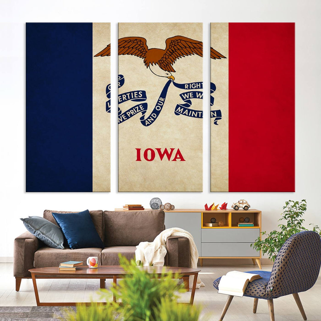 A beautiful Iowa States Flag Wall Art enhances the area, made on museum-quality canvas and boasting a gallery-wrapped design for enduring elegance.