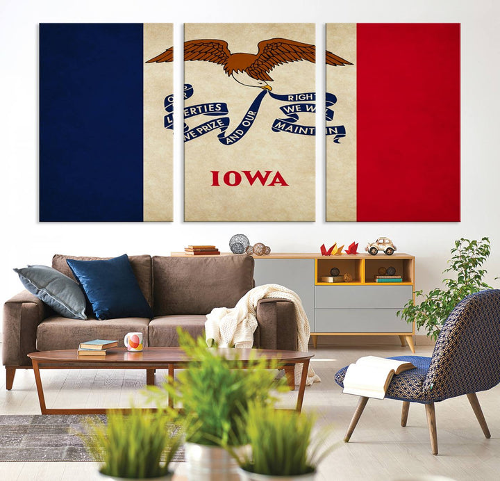 A beautiful Iowa States Flag Wall Art enhances the area, made on museum-quality canvas and boasting a gallery-wrapped design for enduring elegance.