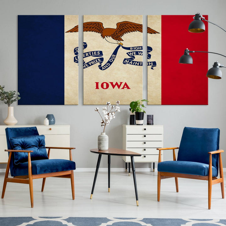 A beautiful Iowa States Flag Wall Art enhances the area, made on museum-quality canvas and boasting a gallery-wrapped design for enduring elegance.