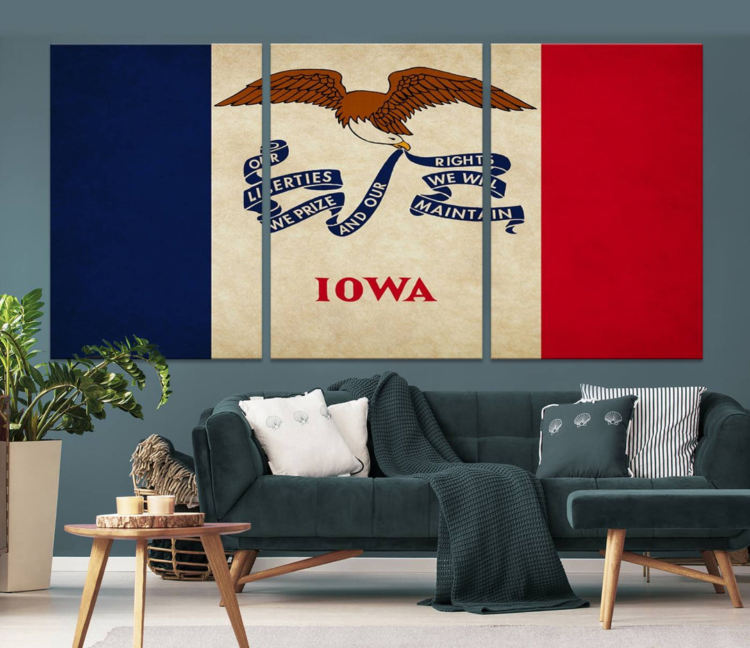 A beautiful Iowa States Flag Wall Art enhances the area, made on museum-quality canvas and boasting a gallery-wrapped design for enduring elegance.