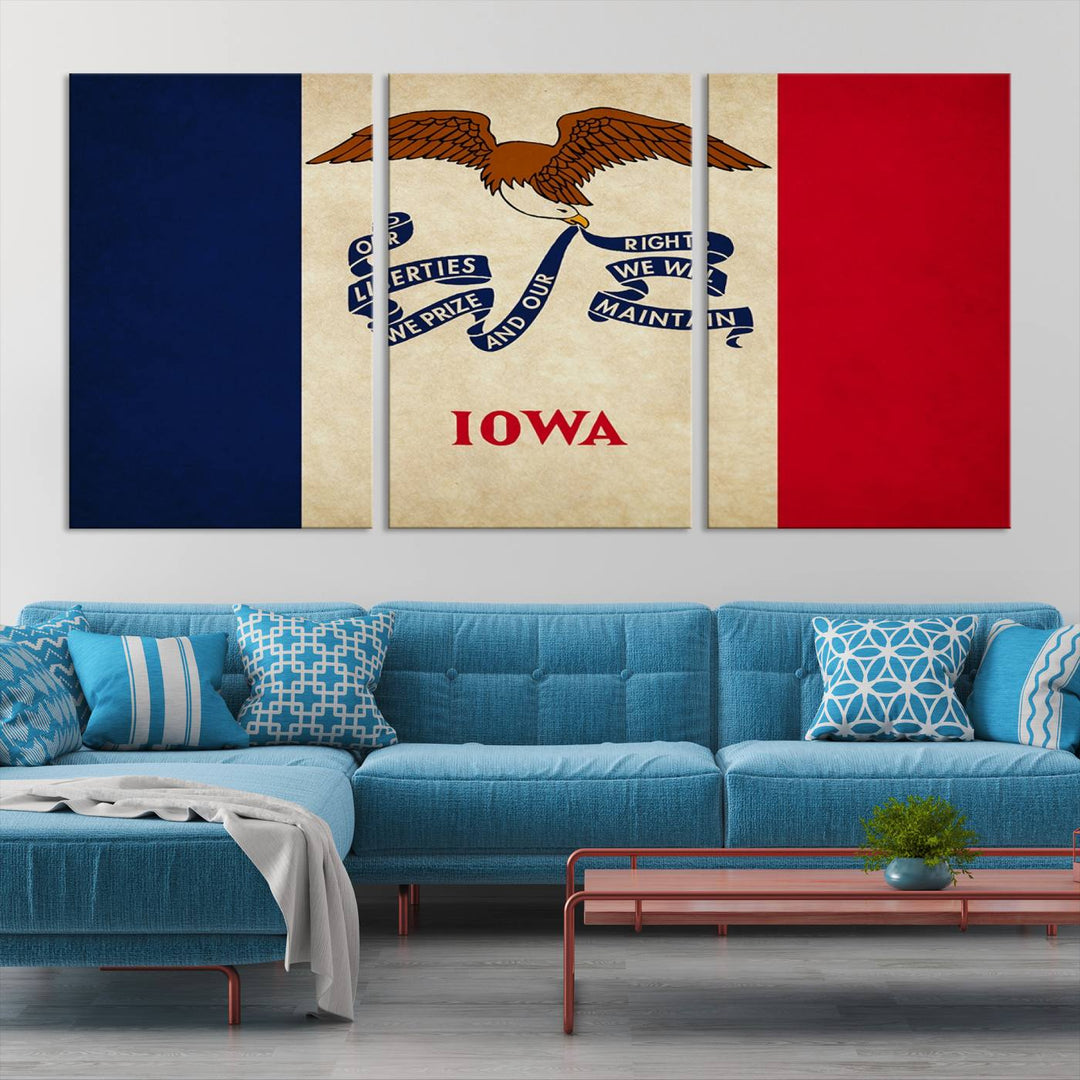 A beautiful Iowa States Flag Wall Art enhances the area, made on museum-quality canvas and boasting a gallery-wrapped design for enduring elegance.