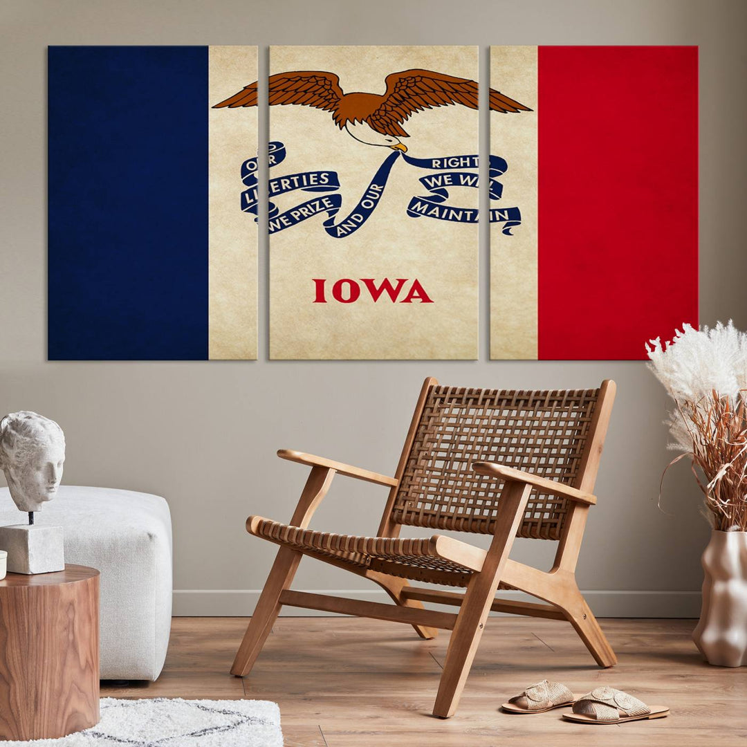 A beautiful Iowa States Flag Wall Art enhances the area, made on museum-quality canvas and boasting a gallery-wrapped design for enduring elegance.