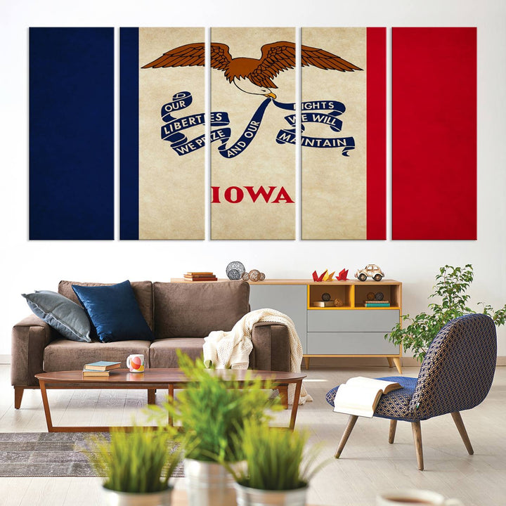 A beautiful Iowa States Flag Wall Art enhances the area, made on museum-quality canvas and boasting a gallery-wrapped design for enduring elegance.