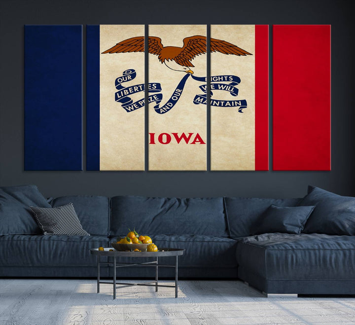 A beautiful Iowa States Flag Wall Art enhances the area, made on museum-quality canvas and boasting a gallery-wrapped design for enduring elegance.