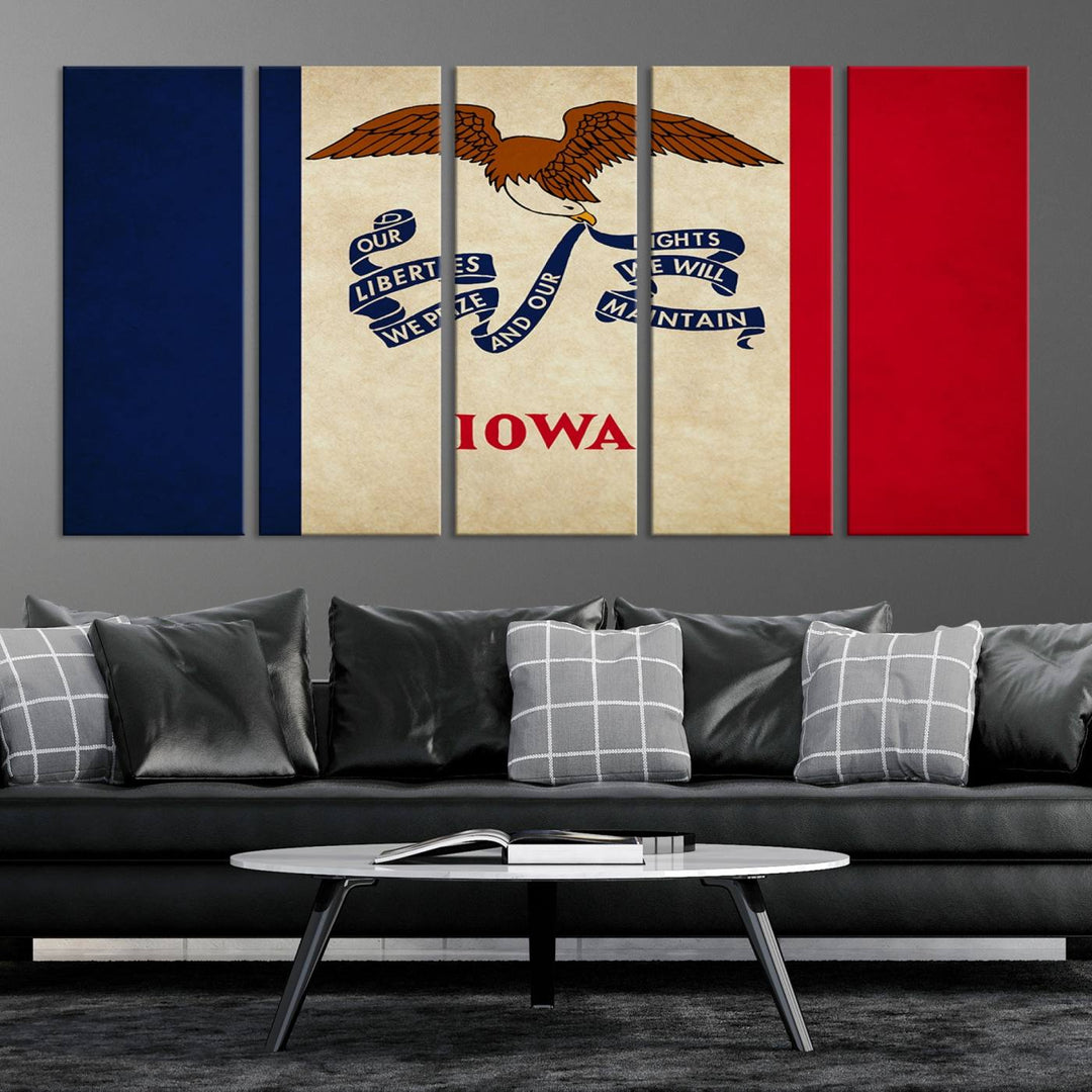 A beautiful Iowa States Flag Wall Art enhances the area, made on museum-quality canvas and boasting a gallery-wrapped design for enduring elegance.