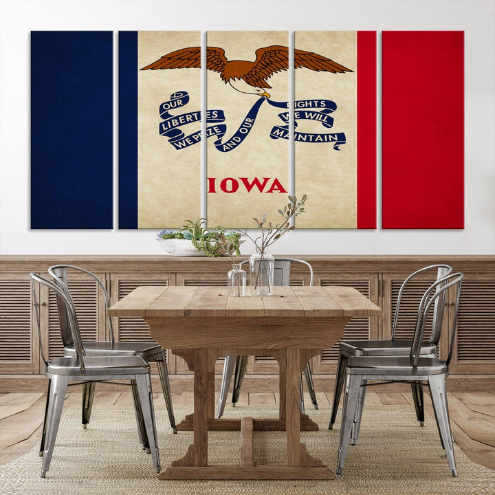 A beautiful Iowa States Flag Wall Art enhances the area, made on museum-quality canvas and boasting a gallery-wrapped design for enduring elegance.