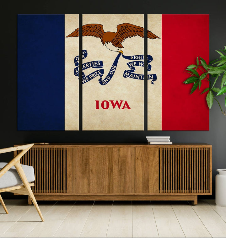 A beautiful Iowa States Flag Wall Art enhances the area, made on museum-quality canvas and boasting a gallery-wrapped design for enduring elegance.