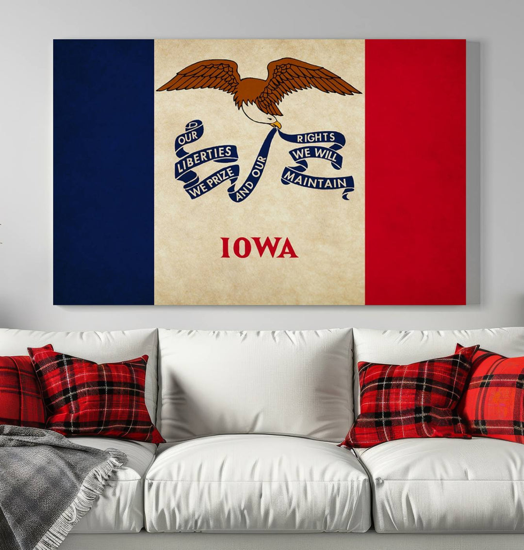 A beautiful Iowa States Flag Wall Art enhances the area, made on museum-quality canvas and boasting a gallery-wrapped design for enduring elegance.