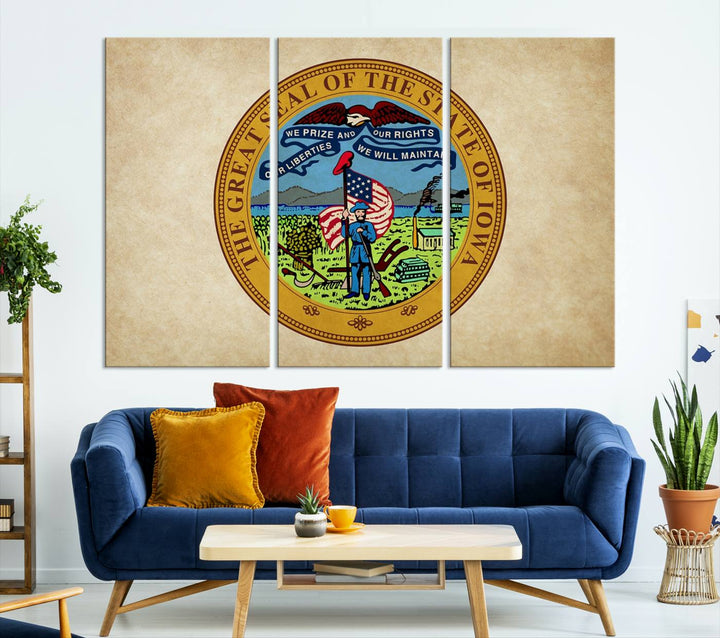 The Iowa USA States Flag Wall Art Canvas Print, beautifully hand-assembled in a framed, museum-quality canvas, is displayed on the wall.