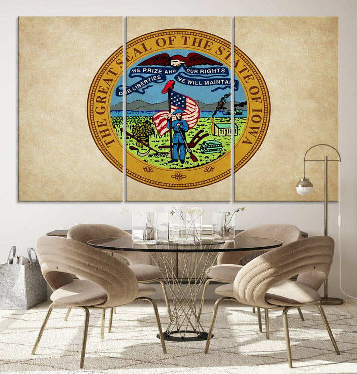 The Iowa USA States Flag Wall Art Canvas Print, beautifully hand-assembled in a framed, museum-quality canvas, is displayed on the wall.