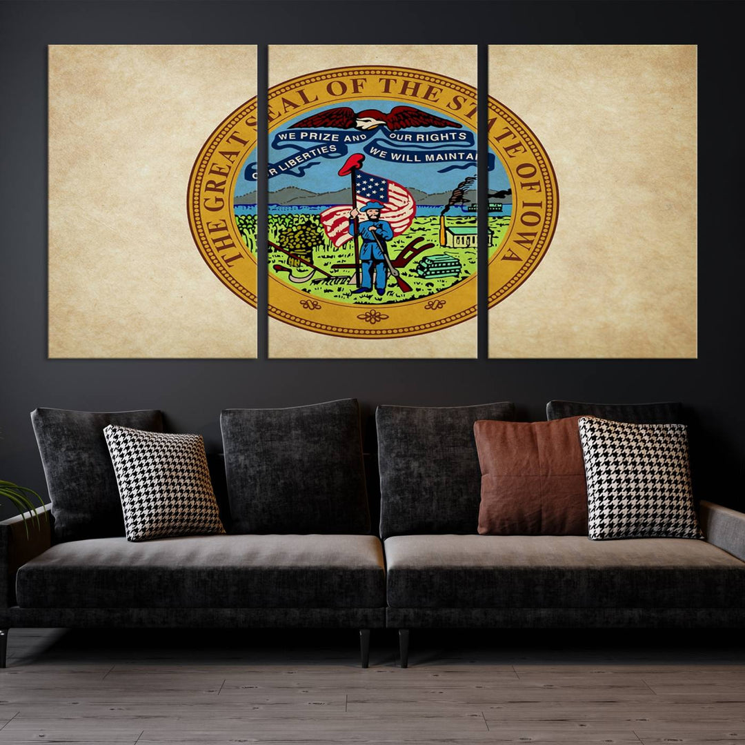 The Iowa USA States Flag Wall Art Canvas Print, beautifully hand-assembled in a framed, museum-quality canvas, is displayed on the wall.