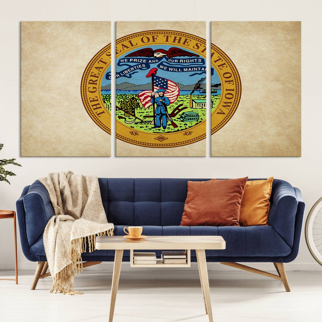 The Iowa USA States Flag Wall Art Canvas Print, beautifully hand-assembled in a framed, museum-quality canvas, is displayed on the wall.