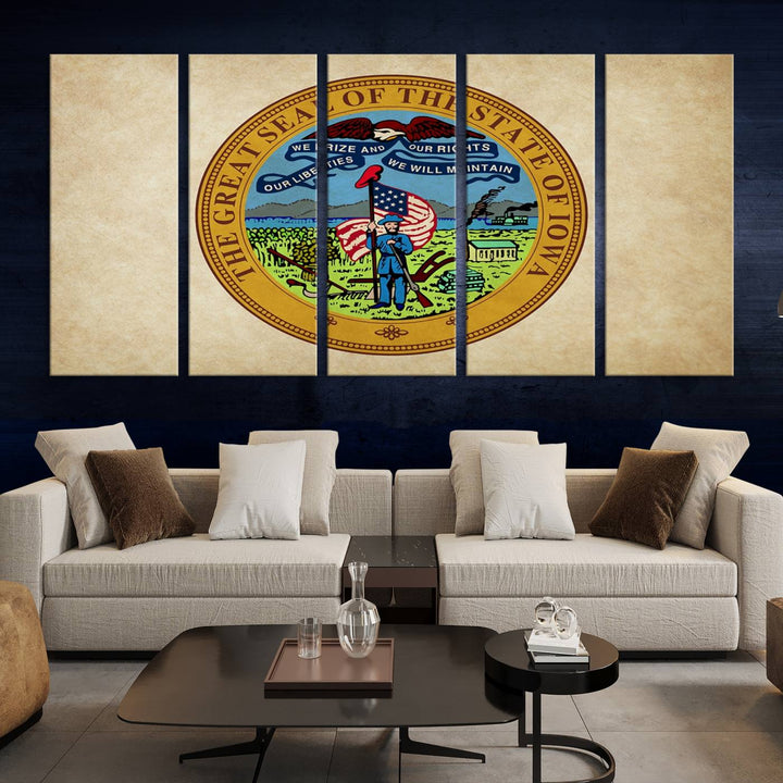 The Iowa USA States Flag Wall Art Canvas Print, beautifully hand-assembled in a framed, museum-quality canvas, is displayed on the wall.