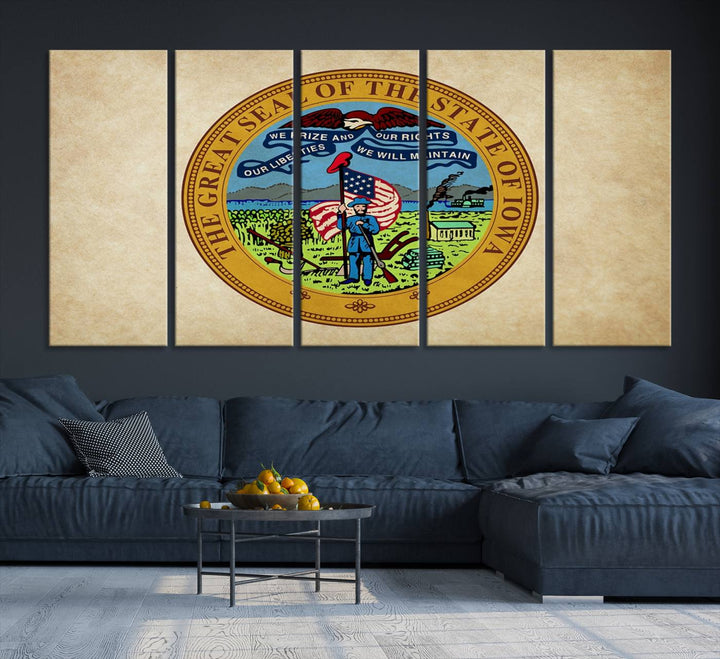 The Iowa USA States Flag Wall Art Canvas Print, beautifully hand-assembled in a framed, museum-quality canvas, is displayed on the wall.