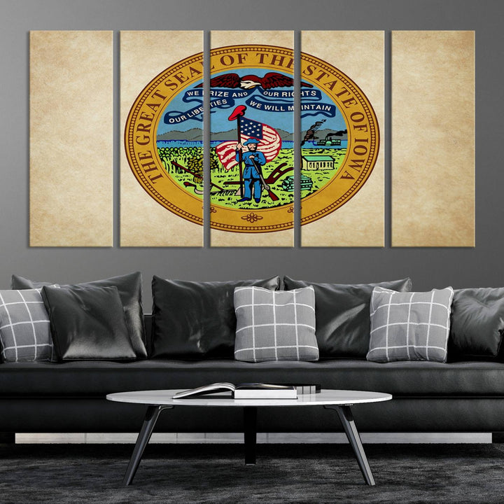 The Iowa USA States Flag Wall Art Canvas Print, beautifully hand-assembled in a framed, museum-quality canvas, is displayed on the wall.