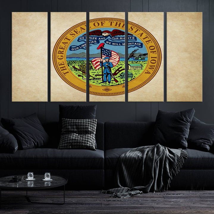 The Iowa USA States Flag Wall Art Canvas Print, beautifully hand-assembled in a framed, museum-quality canvas, is displayed on the wall.