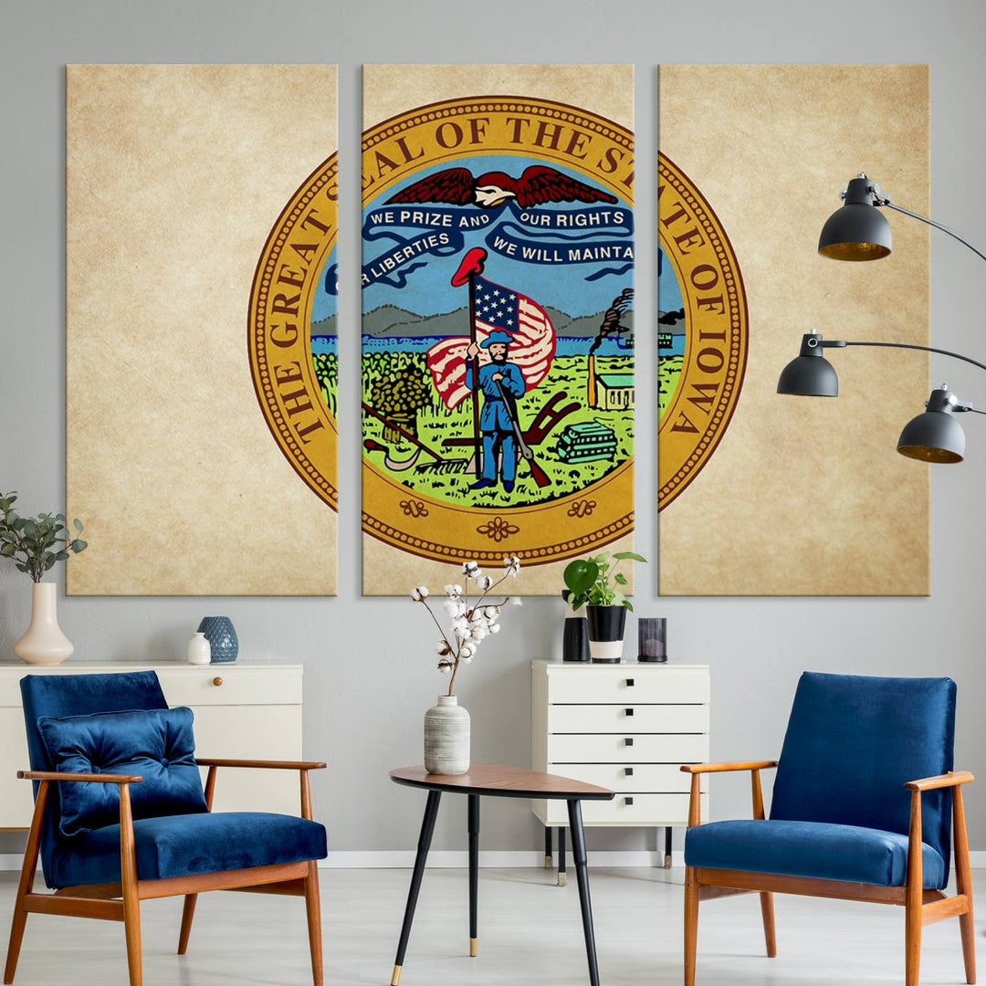 The Iowa USA States Flag Wall Art Canvas Print, beautifully hand-assembled in a framed, museum-quality canvas, is displayed on the wall.