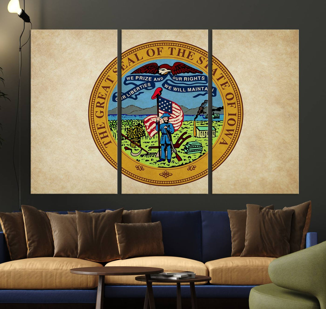 The Iowa USA States Flag Wall Art Canvas Print, beautifully hand-assembled in a framed, museum-quality canvas, is displayed on the wall.