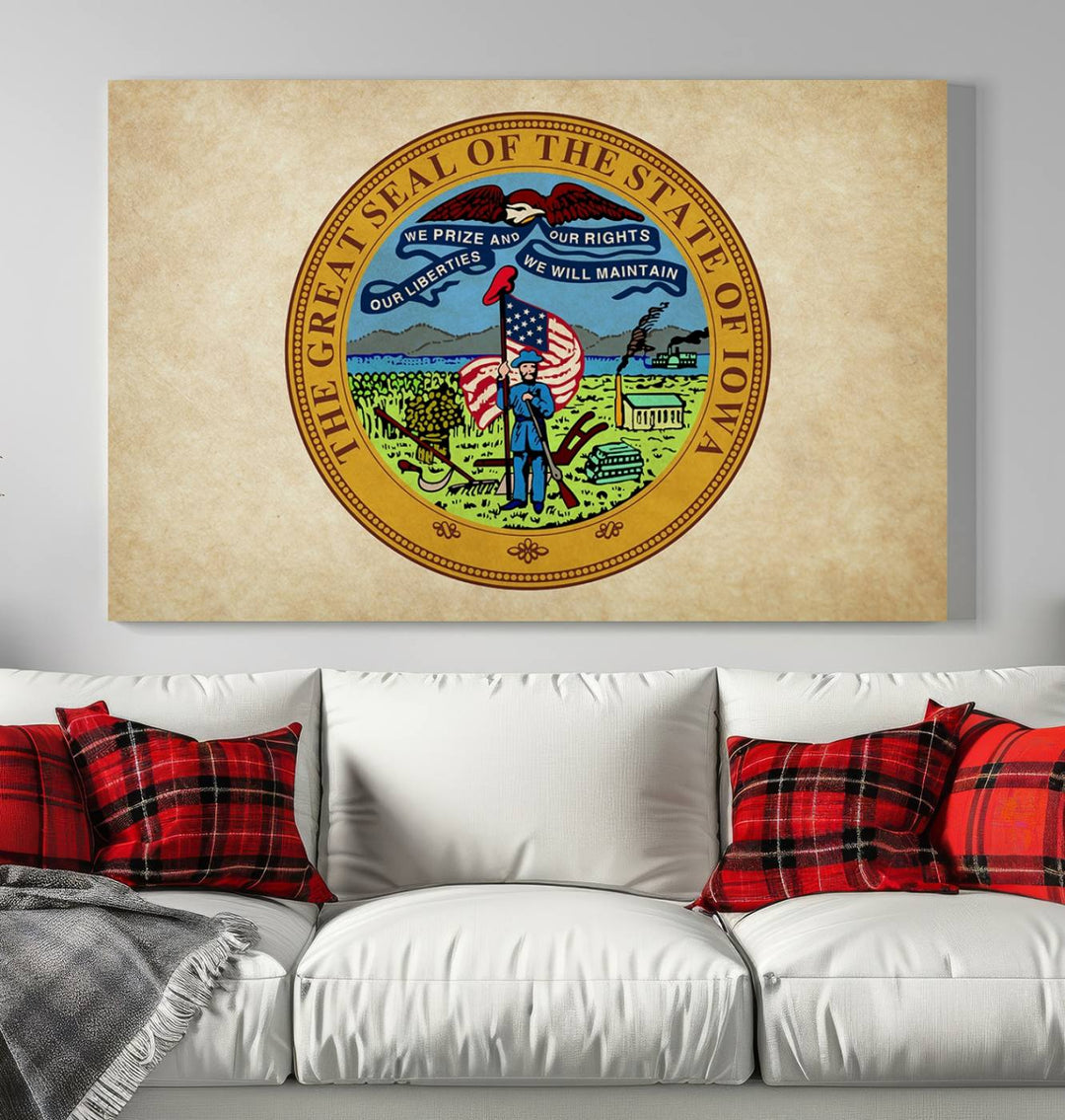 The Iowa USA States Flag Wall Art Canvas Print, beautifully hand-assembled in a framed, museum-quality canvas, is displayed on the wall.