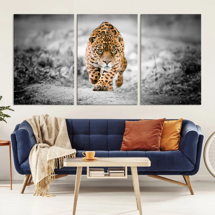 A striking three-panel "Jaguar Stalking Wall Art Canvas Print - Majestic Big Cat in Focused Pursuit" features a leopard walking forward, set against a black and white background.