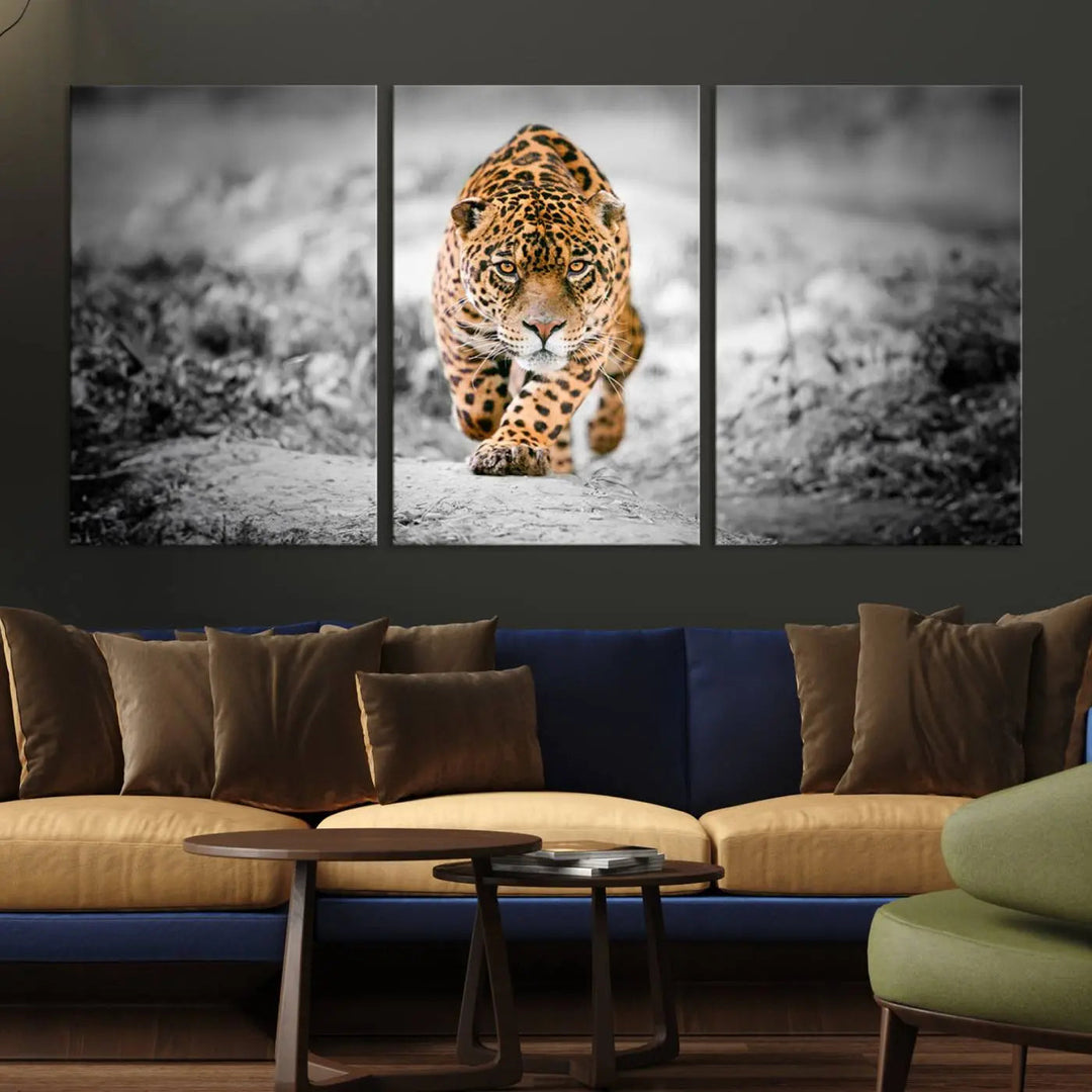 A striking three-panel "Jaguar Stalking Wall Art Canvas Print - Majestic Big Cat in Focused Pursuit" features a leopard walking forward, set against a black and white background.