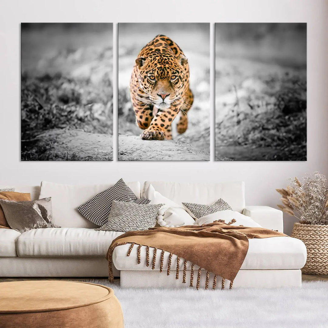 A striking three-panel "Jaguar Stalking Wall Art Canvas Print - Majestic Big Cat in Focused Pursuit" features a leopard walking forward, set against a black and white background.