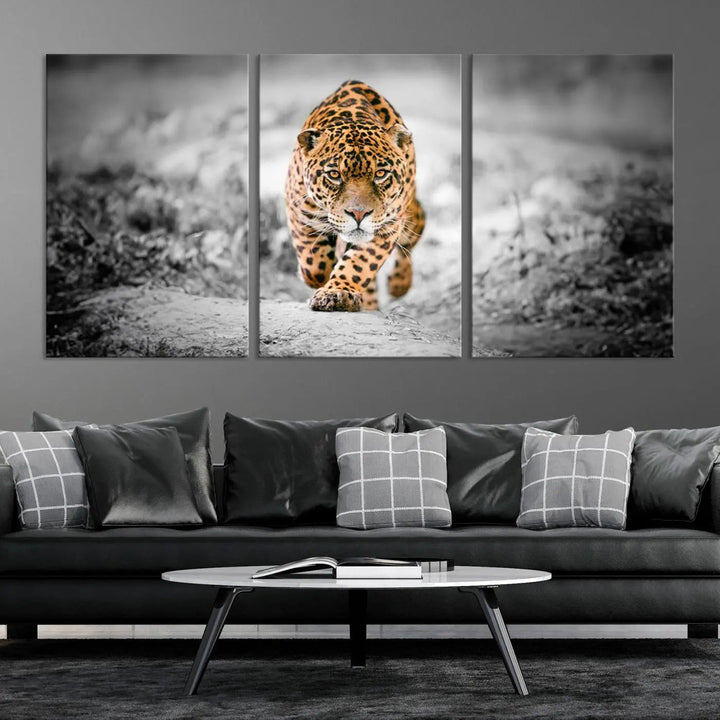 A striking three-panel "Jaguar Stalking Wall Art Canvas Print - Majestic Big Cat in Focused Pursuit" features a leopard walking forward, set against a black and white background.